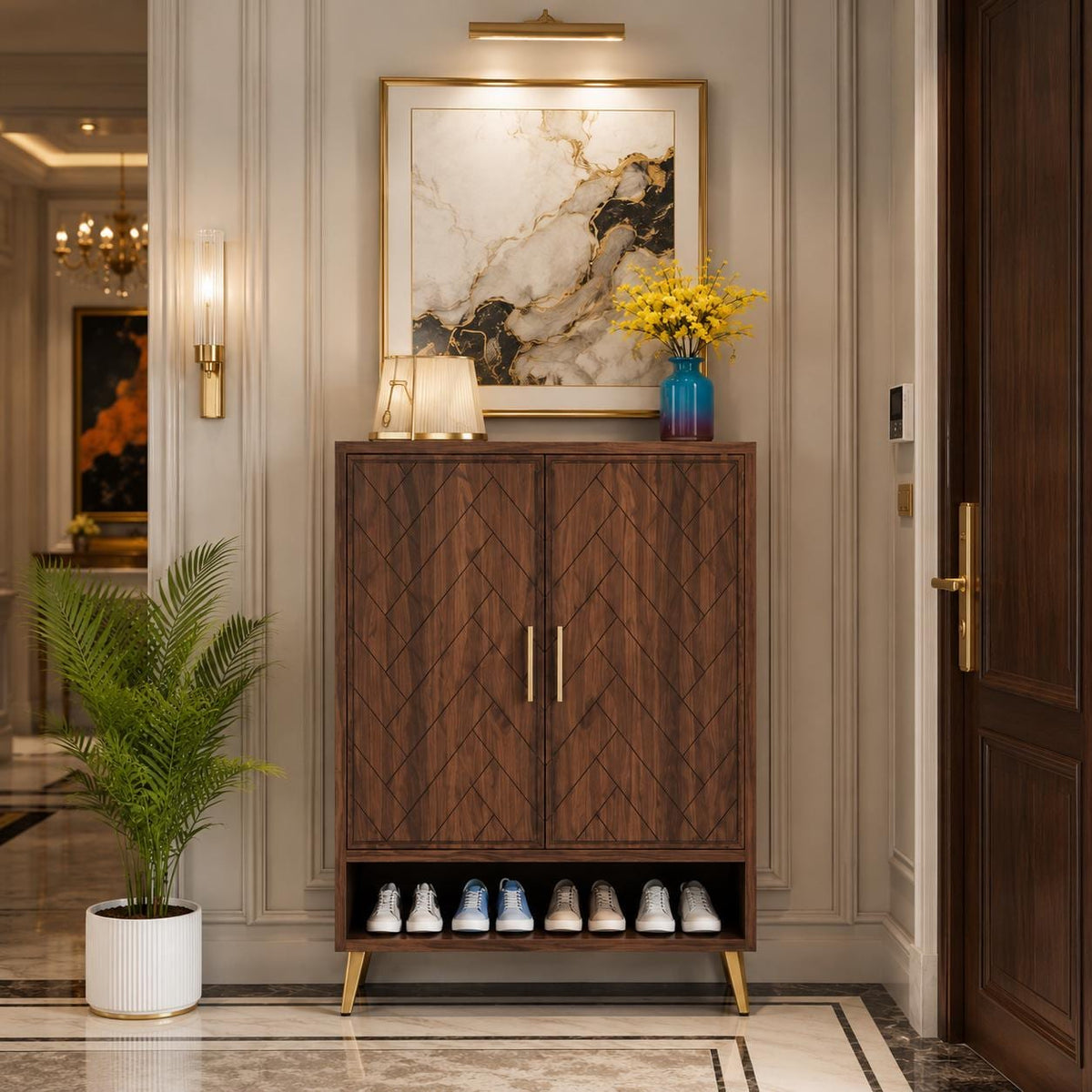 Walnut Shoe Cabinet with Doors, 6 Tier Shoe Storage Organizer, Entryway Shoe Rack Cabinet, Adjustable Shelves, Wooden Shoe Cabinet Hallway