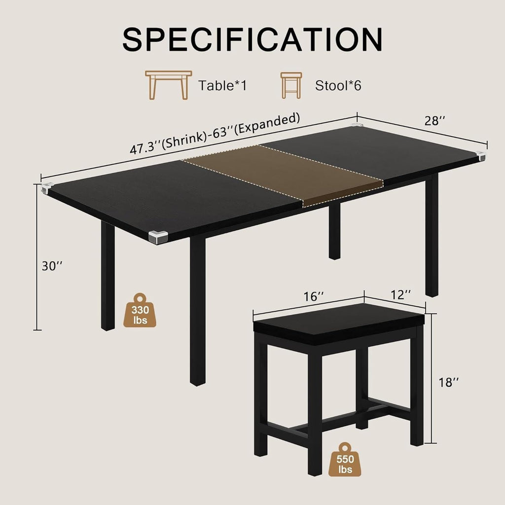 7-Piece Dining Table Set, 63" Extendable Kitchen Table with 6 Stools, Mid-Century Modern Design, Metal Frame, Space-Saving