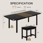 7-Piece Dining Table Set, 63" Extendable Kitchen Table with 6 Stools, Mid-Century Modern Design, Metal Frame, Space-Saving