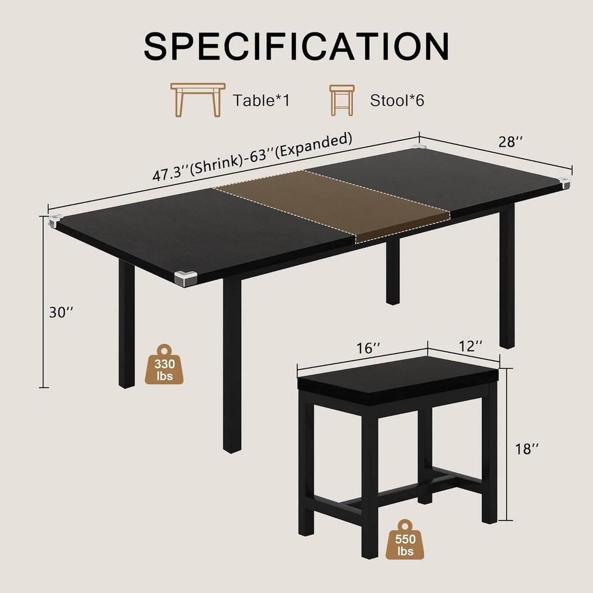 7-Piece Dining Table Set, 63" Extendable Kitchen Table with 6 Stools, Mid-Century Modern Design, Metal Frame, Space-Saving