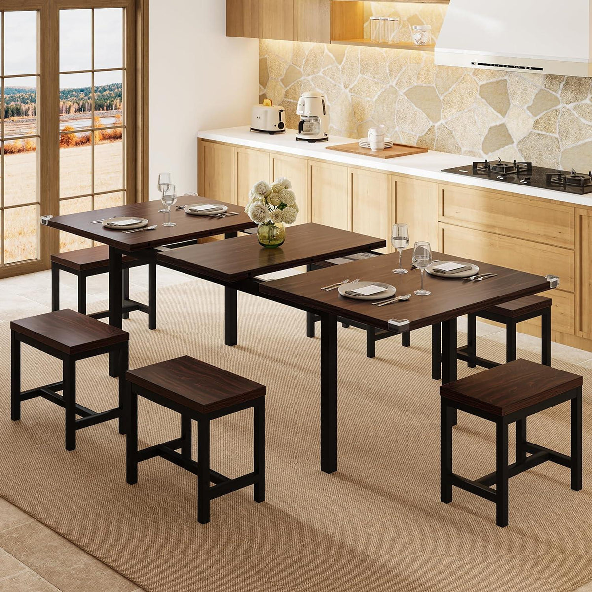 7-Piece Dining Table Set, 63" Extendable Kitchen Table with 6 Stools, Mid-Century Modern Design, Metal Frame, Space-Saving