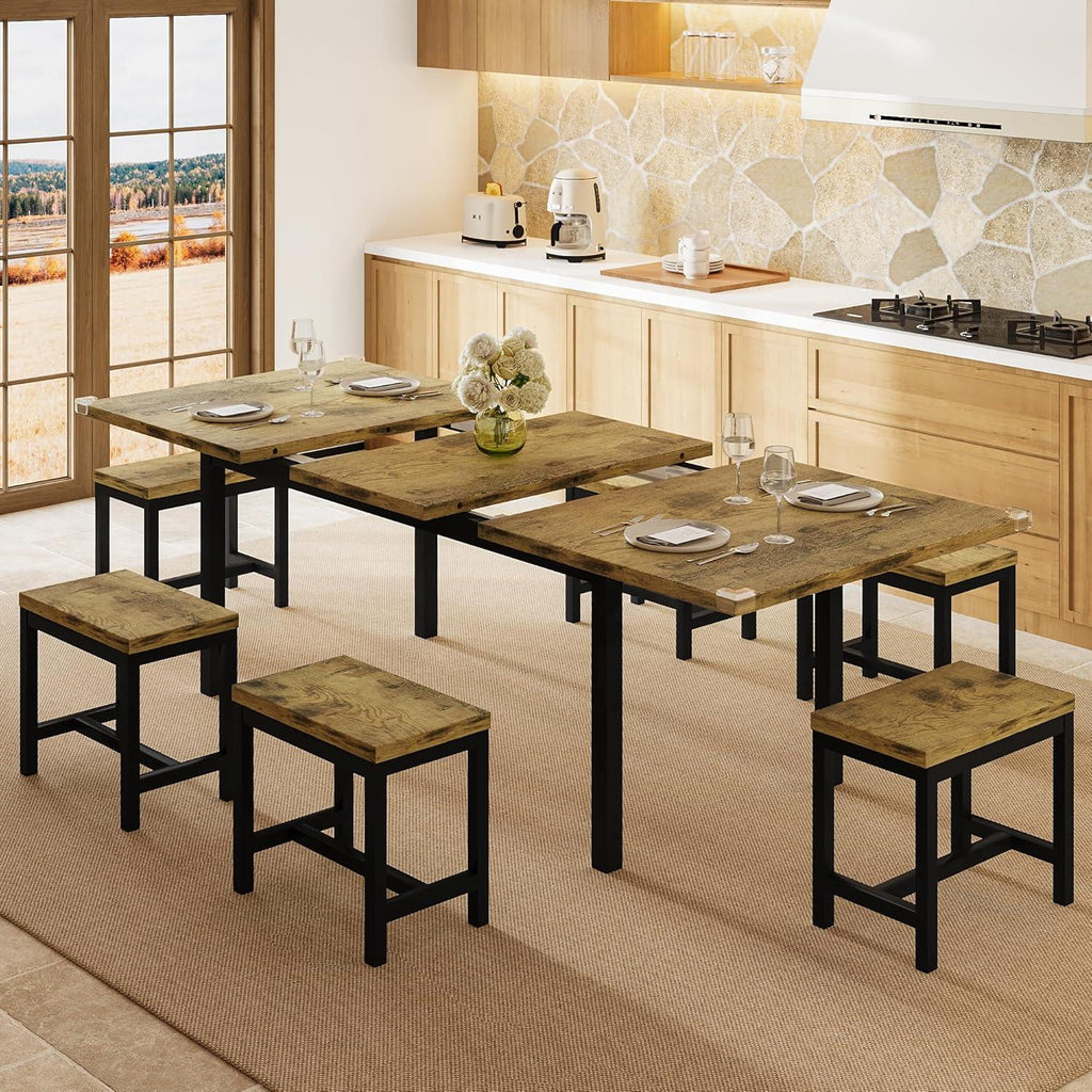 7-Piece Dining Table Set, 63" Extendable Kitchen Table with 6 Stools, Mid-Century Modern Design, Metal Frame, Space-Saving