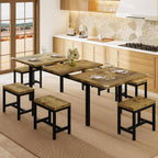 7-Piece Dining Table Set, 63" Extendable Kitchen Table with 6 Stools, Mid-Century Modern Design, Metal Frame, Space-Saving