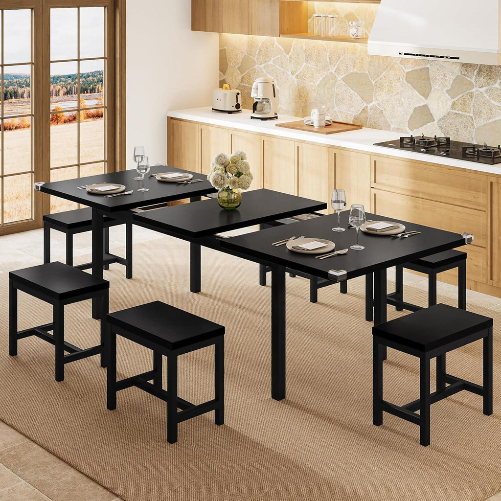7-Piece Dining Table Set, 63" Extendable Kitchen Table with 6 Stools, Mid-Century Modern Design, Metal Frame, Space-Saving