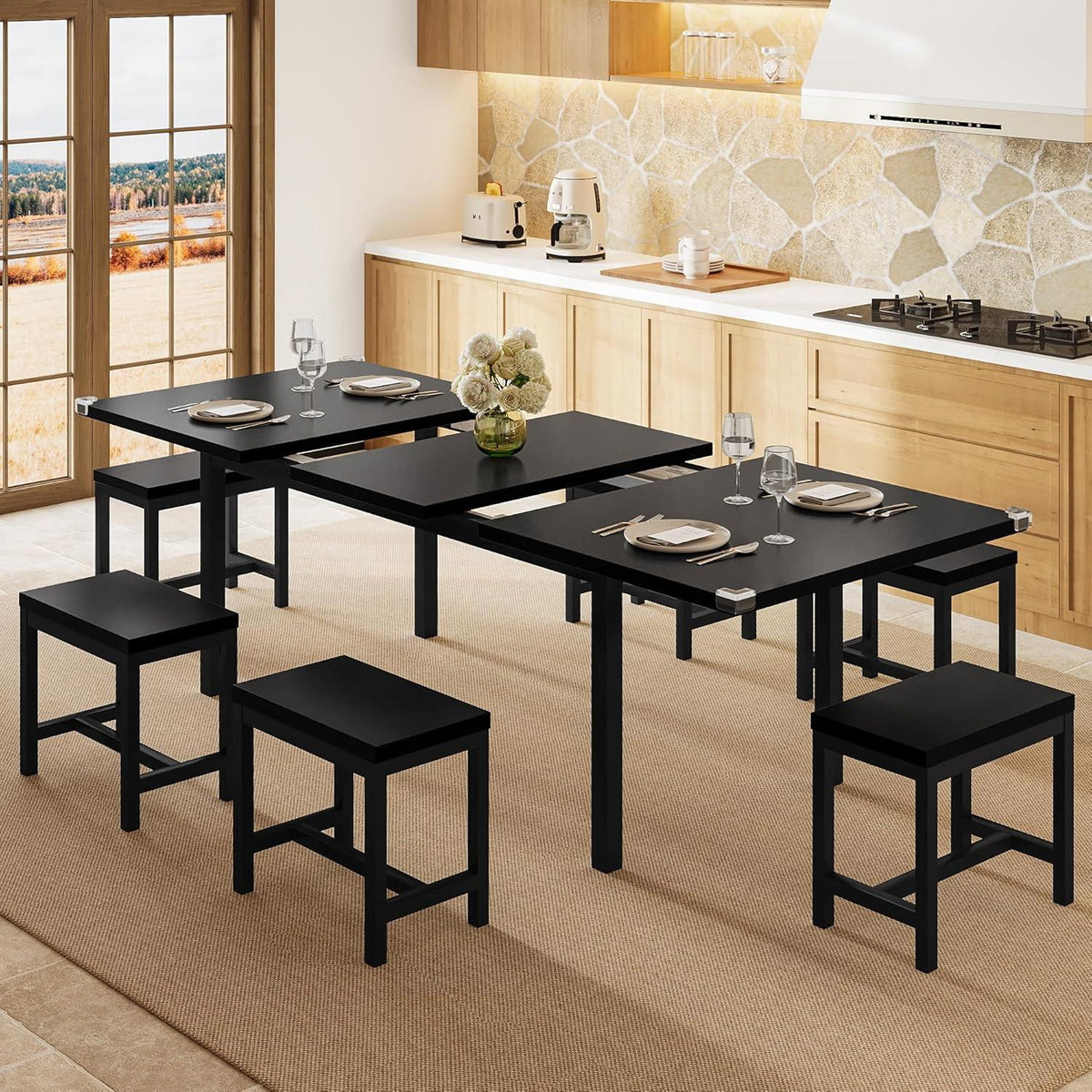 7-Piece Dining Table Set, 63" Extendable Kitchen Table with 6 Stools, Mid-Century Modern Design, Metal Frame, Space-Saving