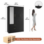 Fluted Style 3 Door Wardrobe Closet with Mirror & LED Lights, Modern Wooden Armoire with Drawers, Bedroom Storage Cabinet with Hanging Rod,