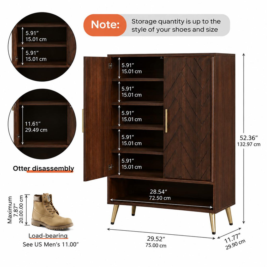 Walnut Shoe Cabinet with Doors, 6 Tier Shoe Storage Organizer, Entryway Shoe Rack Cabinet, Adjustable Shelves, Wooden Shoe Cabinet Hallway