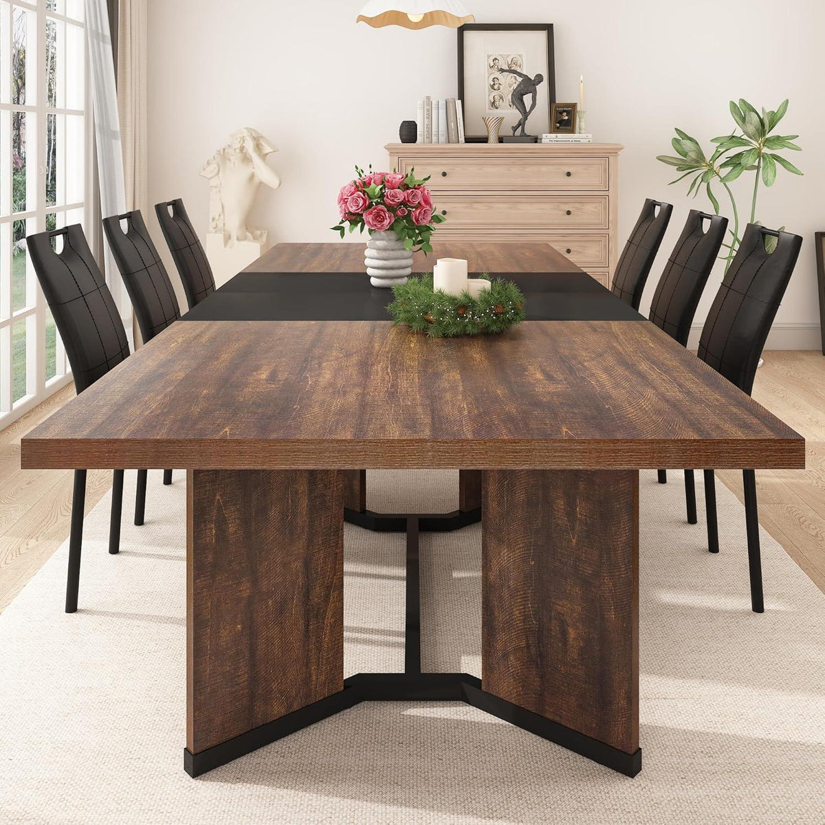 Extendable Farmhouse Dining Table, Seats 6-10, Rectangular Wooden Kitchen Table
