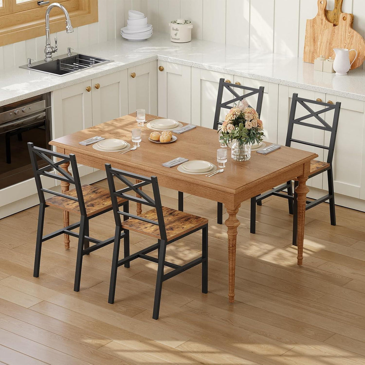 Dining Chair Set of 4, Rustic Farmhouse Kitchen Chairs with Backrest, Industrial Metal Frame Dining Chairs, Easy Assembly