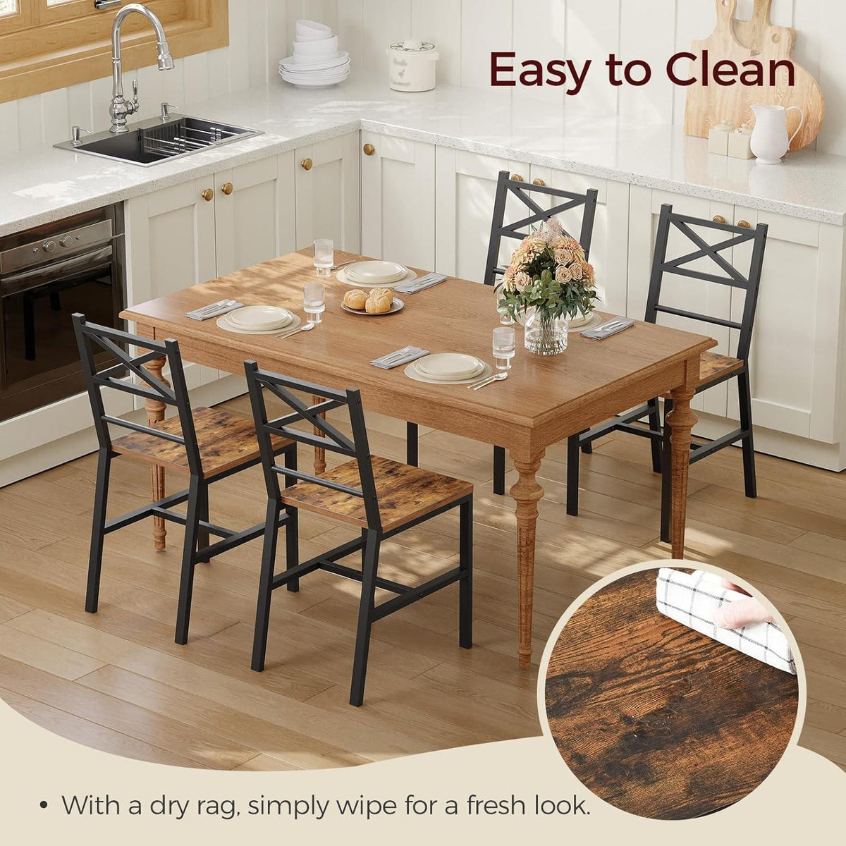 Dining Chair Set of 4, Rustic Farmhouse Kitchen Chairs with Backrest, Industrial Metal Frame Dining Chairs, Easy Assembly