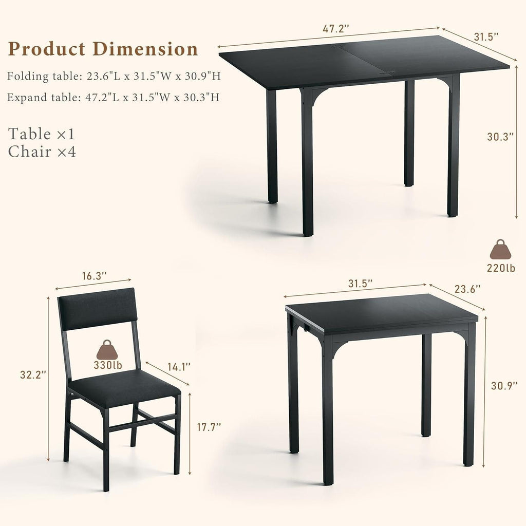 Extendable Dining Table Set for 4, Contemporary Kitchen Furniture, MDF Top, Metal Frame