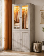75" Tall Armoire Wardrobe Closet with Drawers & Lights, Clothing Storage Cabinet with 2 Glass Doors Hanging Rod,, Customized