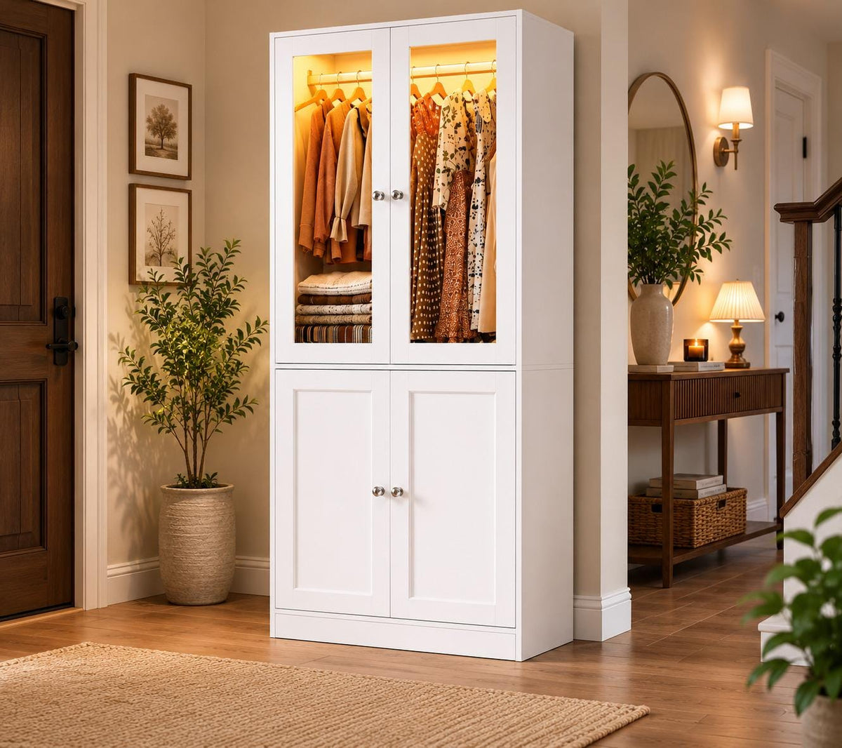 75" Tall Armoire Wardrobe Closet with Drawers & Lights, Clothing Storage Cabinet with 2 Glass Doors Hanging Rod,, Customized