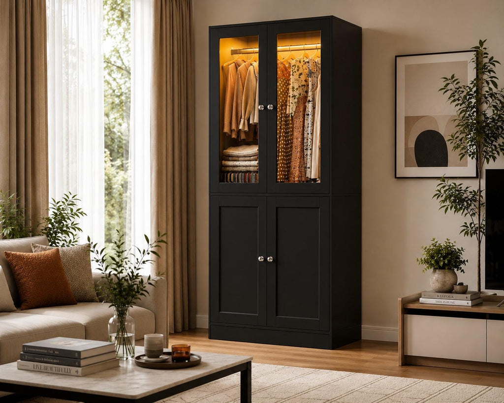 75" Tall Armoire Wardrobe Closet with Drawers & Lights, Clothing Storage Cabinet with 2 Glass Doors Hanging Rod,, Customized