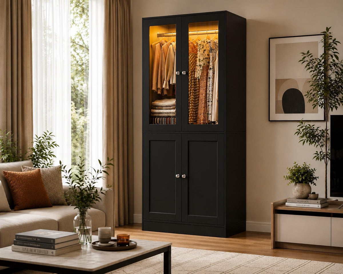 75" Tall Armoire Wardrobe Closet with Drawers & Lights, Clothing Storage Cabinet with 2 Glass Doors Hanging Rod,, Customized
