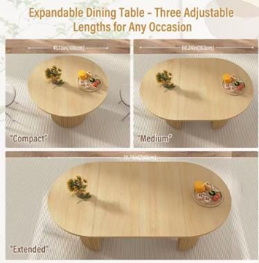 in78 in Extendable Dining Room Table for 48, Round Expandable Kitchen Table with Fluted Base, Modern Farmhouse Oval Dinner Table