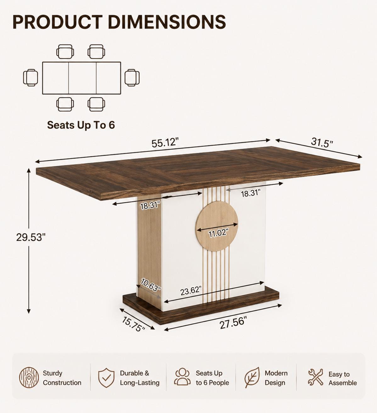 Farmhouse Wood Dining Table, Seats 4-6, Modern Rustic Design, 55 Inch Rectangular Kitchen Table
