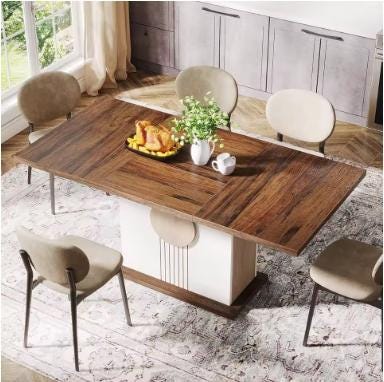 Farmhouse Wood Dining Table, Seats 4-6, Modern Rustic Design, 55 Inch Rectangular Kitchen Table