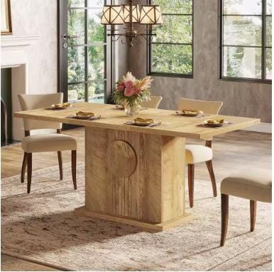 Farmhouse Wood Dining Table, Seats 4-6, Modern Rustic Design, 55 Inch Rectangular Kitchen Table