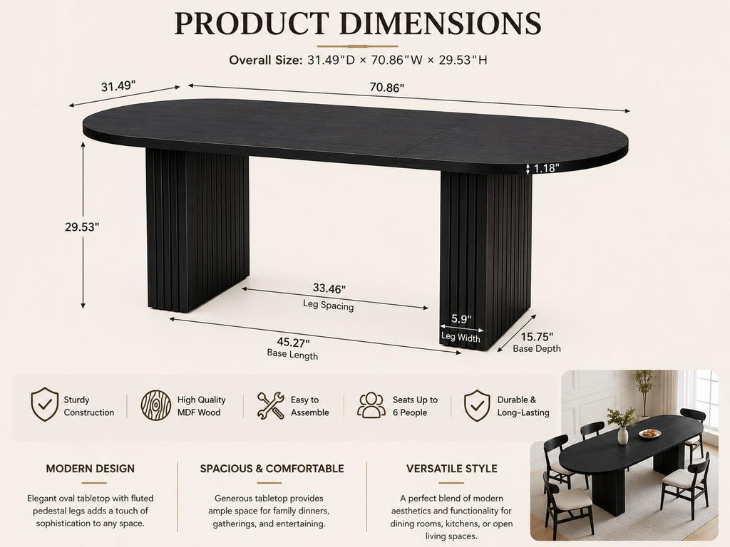 70.8" Oval Dining Table for 4-6 People, Wood Strip Base, Modern Farmhouse Large Kitchen Table for Home Living Room, Customized