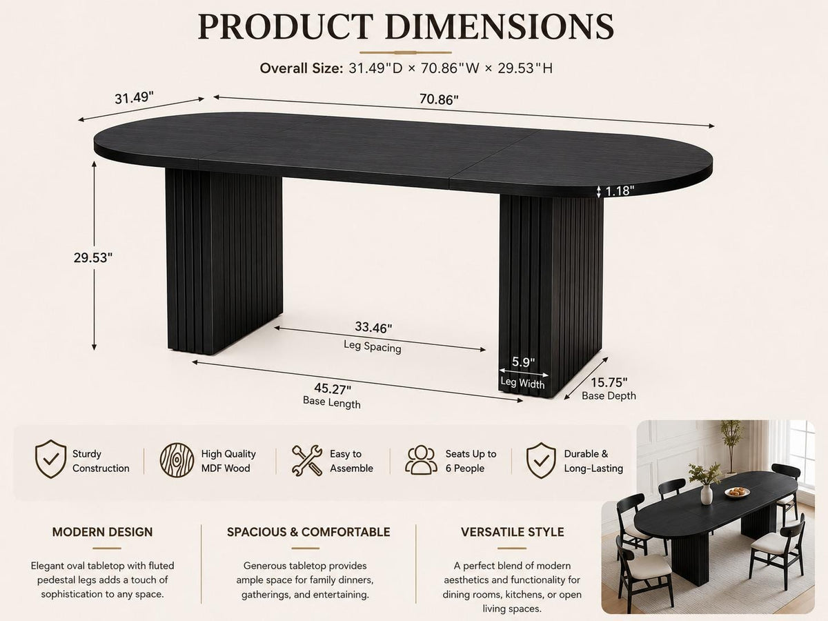70.8" Oval Dining Table for 4-6 People, Wood Strip Base, Modern Farmhouse Large Kitchen Table for Home Living Room, Customized