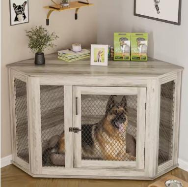 52in Corner Dog Crate Furniture Wooden Kennel with Mesh Indoor Small Medium Large Dogs, Custom