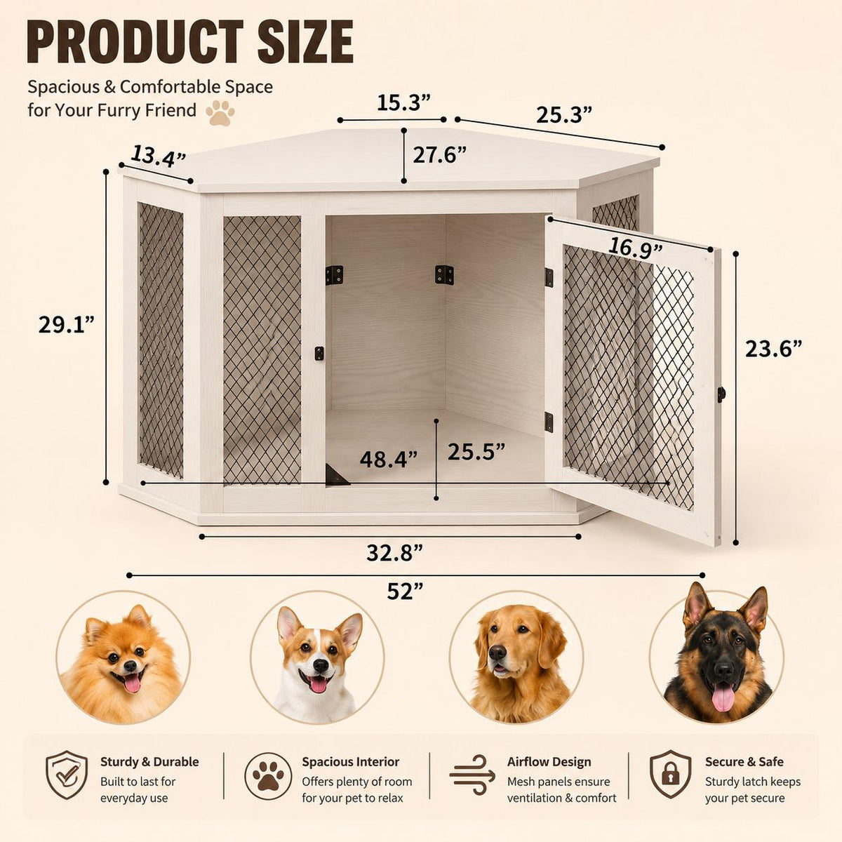 52in Corner Dog Crate Furniture Wooden Kennel with Mesh Indoor Small Medium Large Dogs, Custom