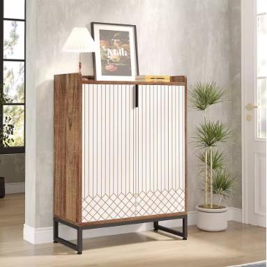 White Wood Shoe Cabinet with Doors, 5-Tier Storage, Gold Accents, Hallway Furniture