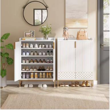 White Wood Shoe Cabinet with Doors, 5-Tier Storage, Gold Accents, Hallway Furniture