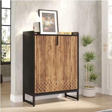 White Wood Shoe Cabinet with Doors, 5-Tier Storage, Gold Accents, Hallway Furniture