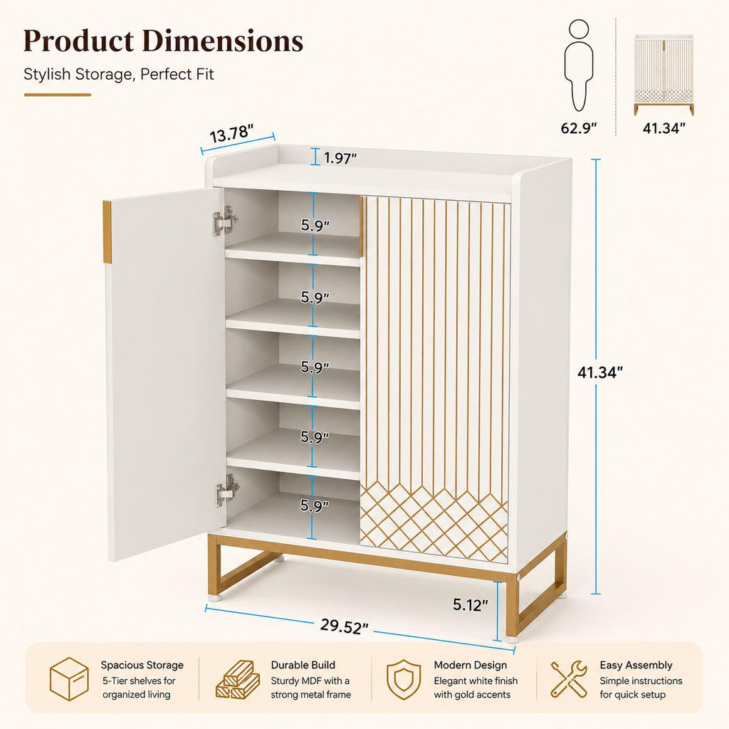 White Wood Shoe Cabinet with Doors, 5-Tier Storage, Gold Accents, Hallway Furniture