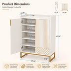 White Wood Shoe Cabinet with Doors, 5-Tier Storage, Gold Accents, Hallway Furniture