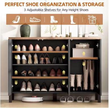 Narrow Wooden Shoe Cabinet with 3 Doors, Entryway Hidden Storage