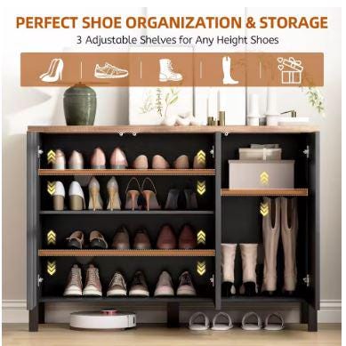 Narrow Wooden Shoe Cabinet with 3 Doors, Entryway Hidden Storage