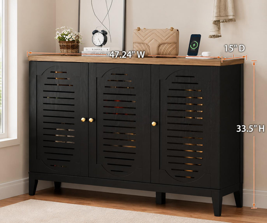 Narrow Wooden Shoe Cabinet with 3 Doors, Entryway Hidden Storage