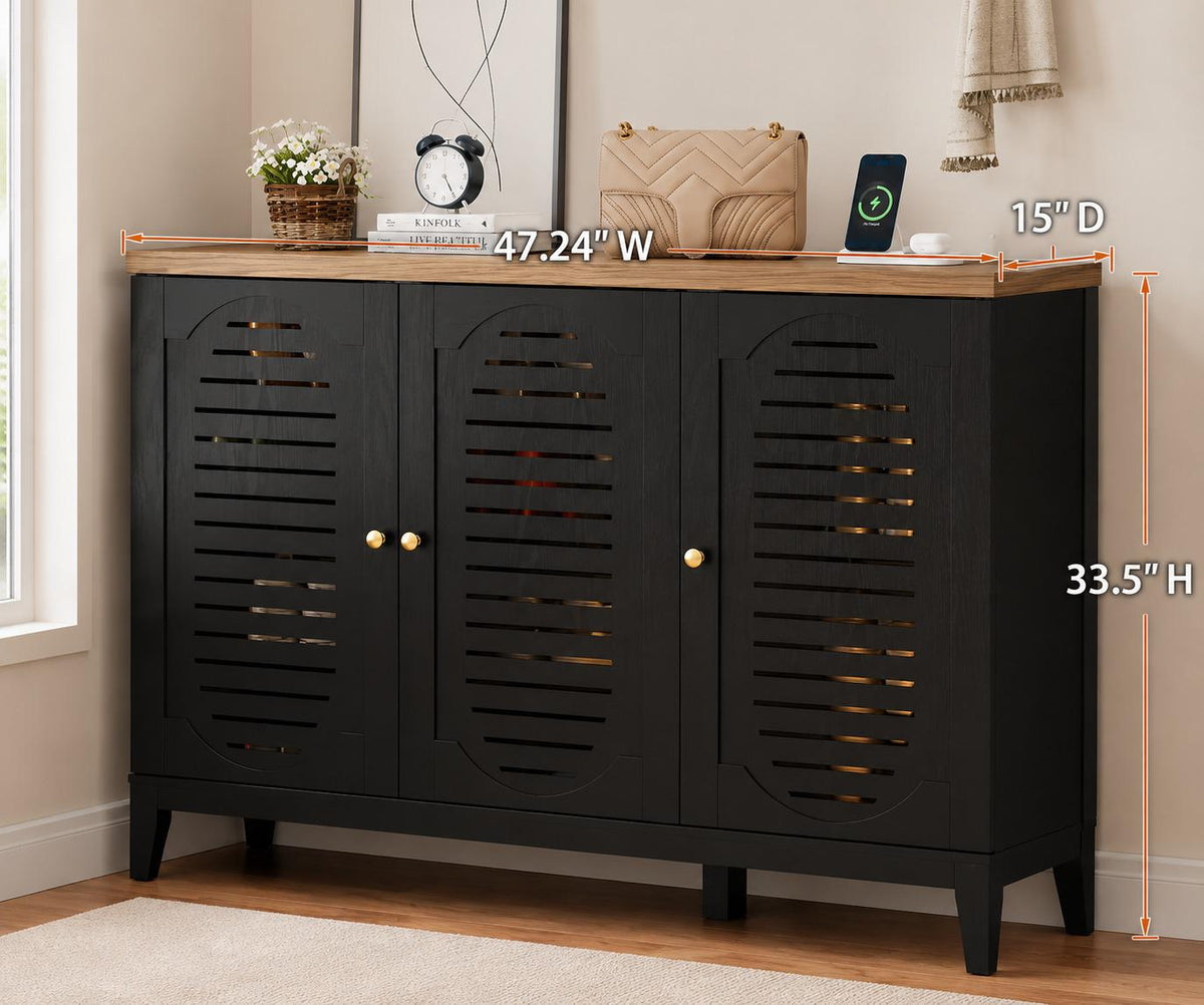 Narrow Wooden Shoe Cabinet with 3 Doors, Entryway Hidden Storage