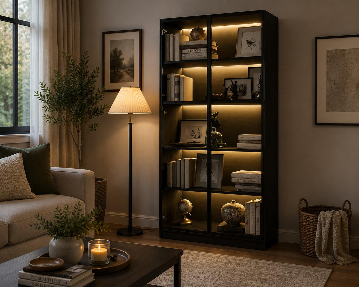 Tall Black Display Cabinet, 4 Glass Doors, 5-Tier Bookcase with LED Lights