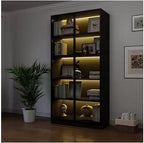 Tall Black Display Cabinet, 4 Glass Doors, 5-Tier Bookcase with LED Lights