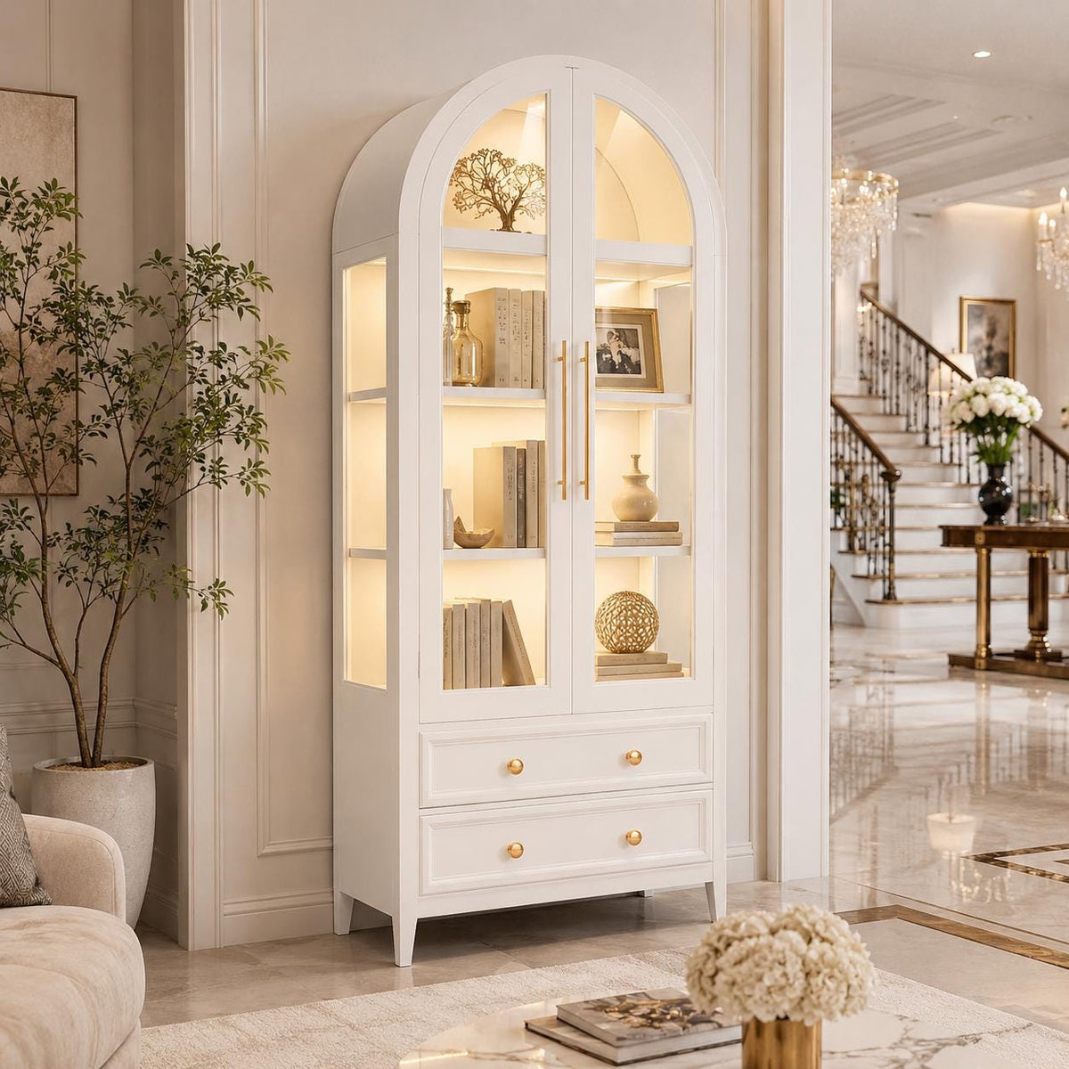 White Arched Curio Cabinet, LED Lighted Display Storage, Glass Doors, Drawers