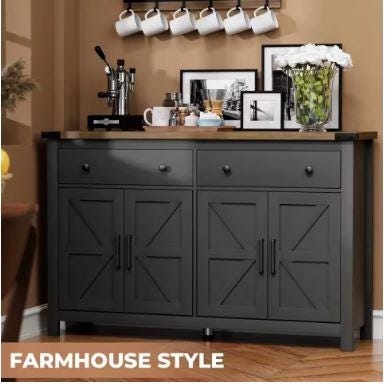 Modern Farmhouse Sideboard Cabinet, 55" Storage Buffet, 2 Drawers, 4 Barn Doors