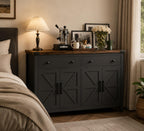 Modern Farmhouse Sideboard Cabinet, 55" Storage Buffet, 2 Drawers, 4 Barn Doors