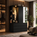 Modern Armoire Wardrobe Closet, Mirror Door, LED Lighting, 6 Drawers, Wooden Storage