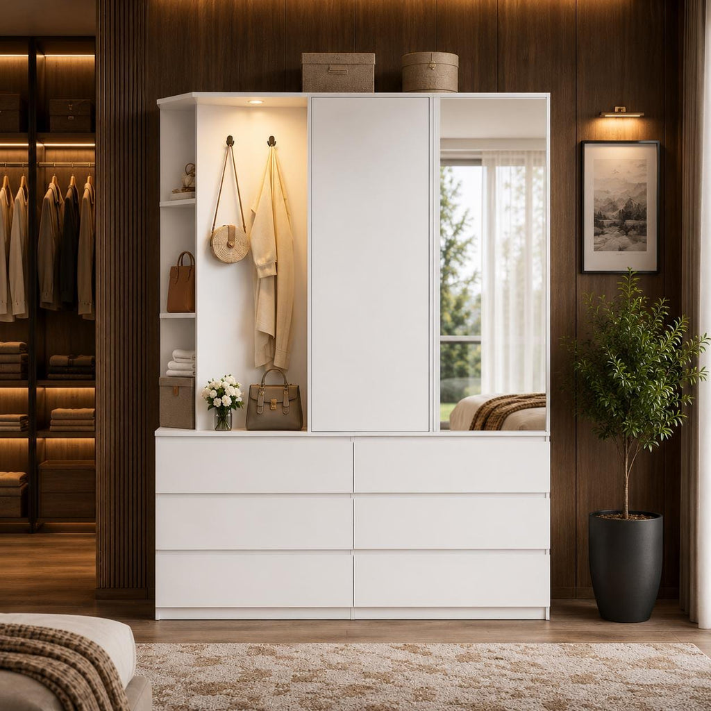 Modern Armoire Wardrobe Closet, Mirror Door, LED Lighting, 6 Drawers, Wooden Storage