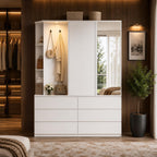 Modern Armoire Wardrobe Closet, Mirror Door, LED Lighting, 6 Drawers, Wooden Storage