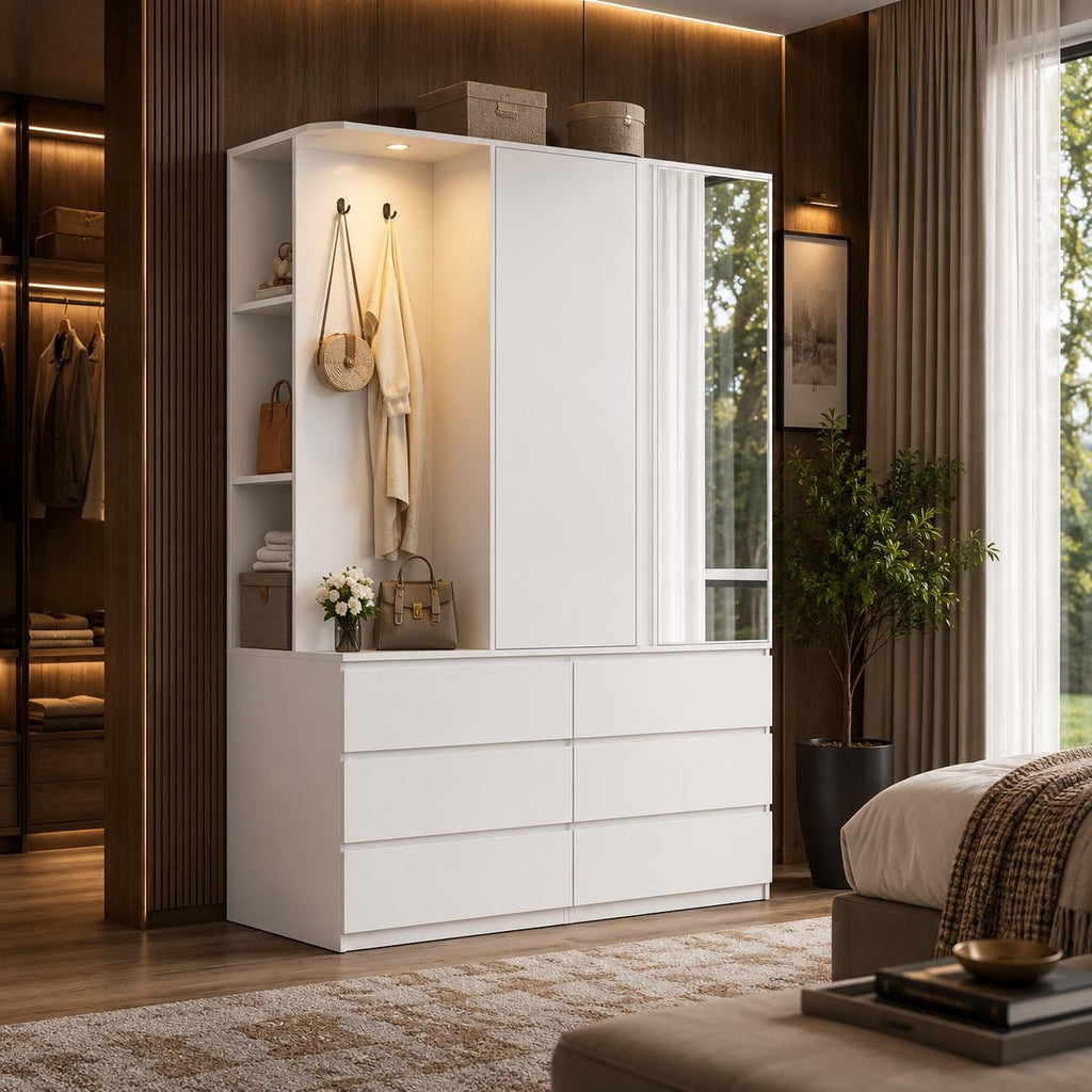 Modern Armoire Wardrobe Closet, Mirror Door, LED Lighting, 6 Drawers, Wooden Storage
