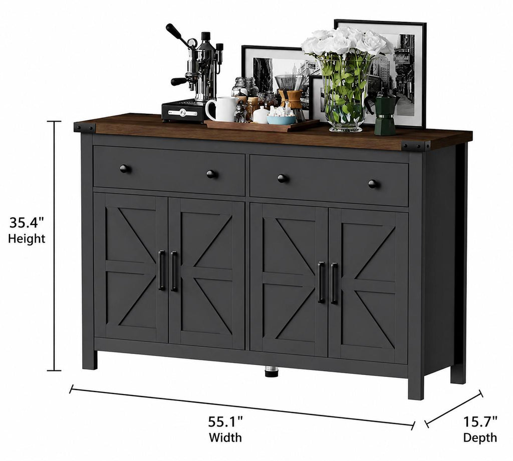 Modern Farmhouse Sideboard Cabinet, 55" Storage Buffet, 2 Drawers, 4 Barn Doors