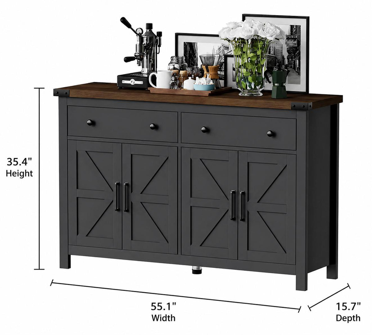 Modern Farmhouse Sideboard Cabinet, 55" Storage Buffet, 2 Drawers, 4 Barn Doors
