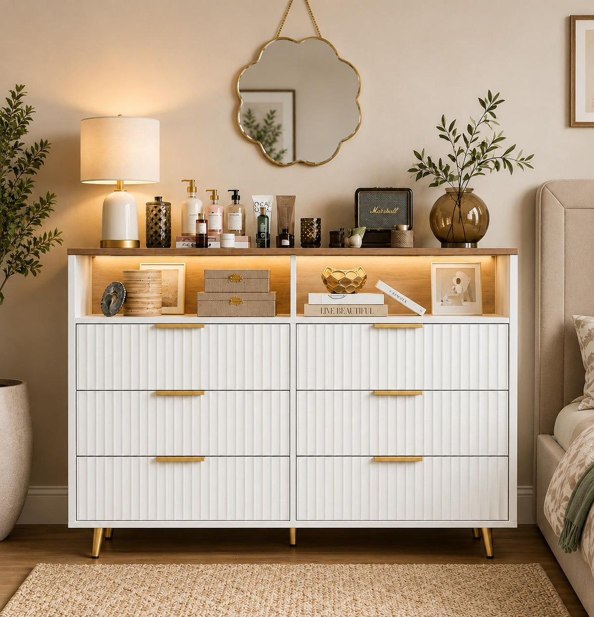 Modern Curved Fluted Wood Dresser With 6 Drawers LED Lights And Charging Station Gold Handles Chest Of Drawers For Bedroom And Living Room