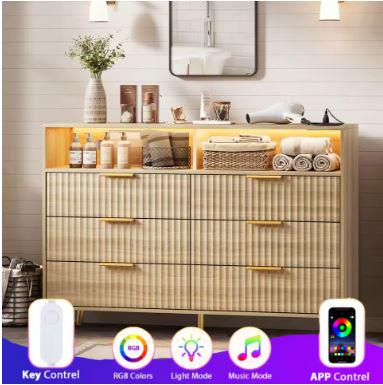 Modern Curved Fluted Wood Dresser With 6 Drawers LED Lights And Charging Station Gold Handles Chest Of Drawers For Bedroom And Living Room