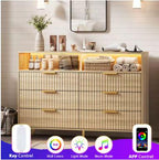 Modern Curved Fluted Wood Dresser With 6 Drawers LED Lights And Charging Station Gold Handles Chest Of Drawers For Bedroom And Living Room